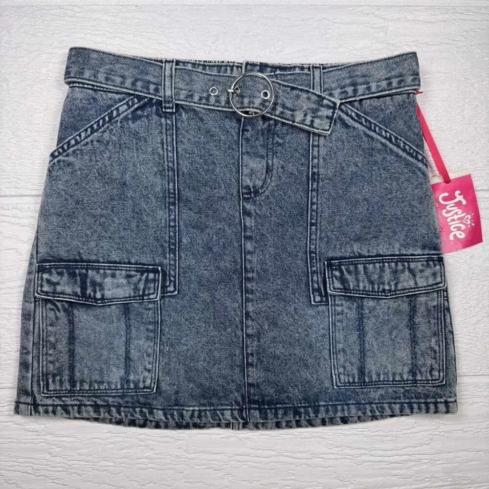 Justice Girls 16 Denim Cargo Skort Acid Wash O Ring Belt Y2K Utility NWT